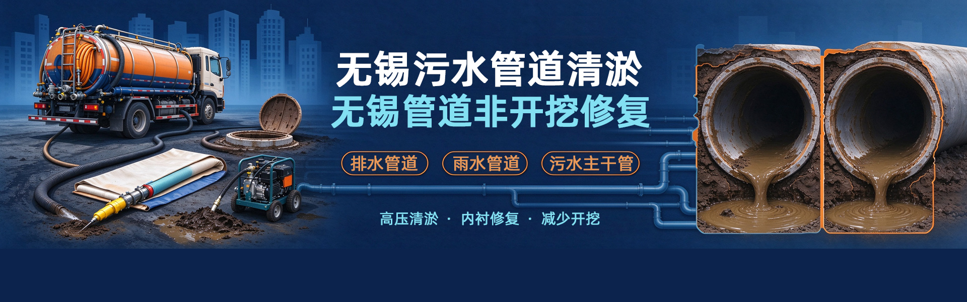 无锡污水管道清淤，无锡管道非开挖修复